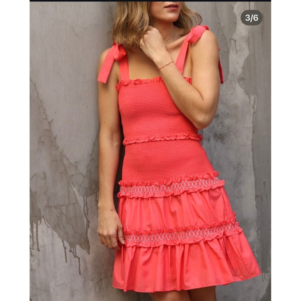 Tuckernuck DO+BE Coral Red Smocked Mini Dress Tie Shoulder Ruffle Tiered Small